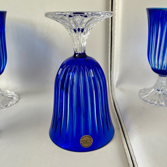 Vintage Crystal De France Blue Genuine Glasses Wine Goblets Of 6 - Picture 7 of 12
